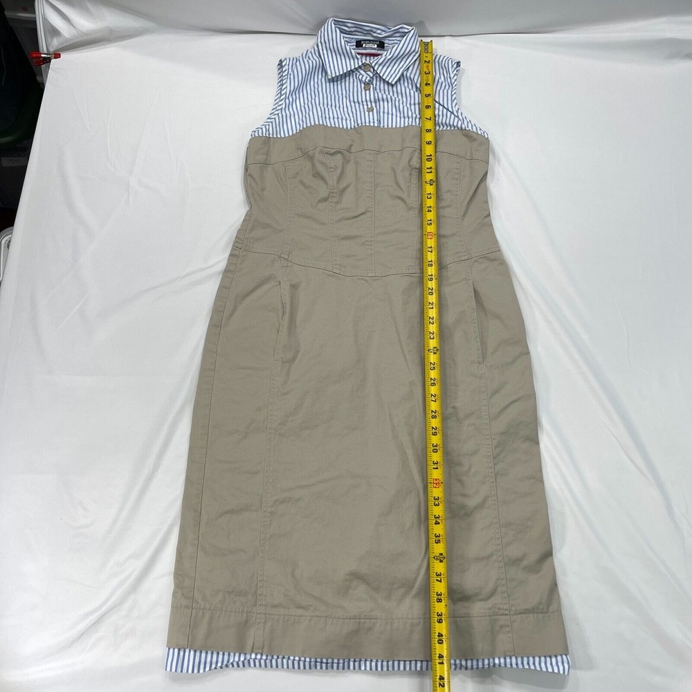 Jean Paul Berlin Sleeveless Khaki‎ Midi Dress Womens 10 Blue White Striped Top - Picture 8 of 14